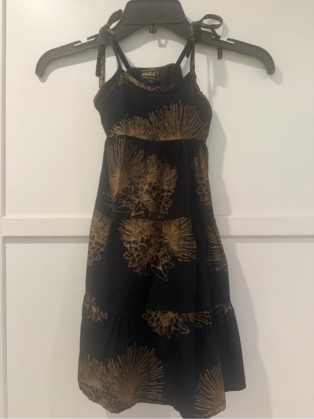 Kahulaleʻa Keiki Girls  Tiered Sundress Black Gold Lehua Blossom 4